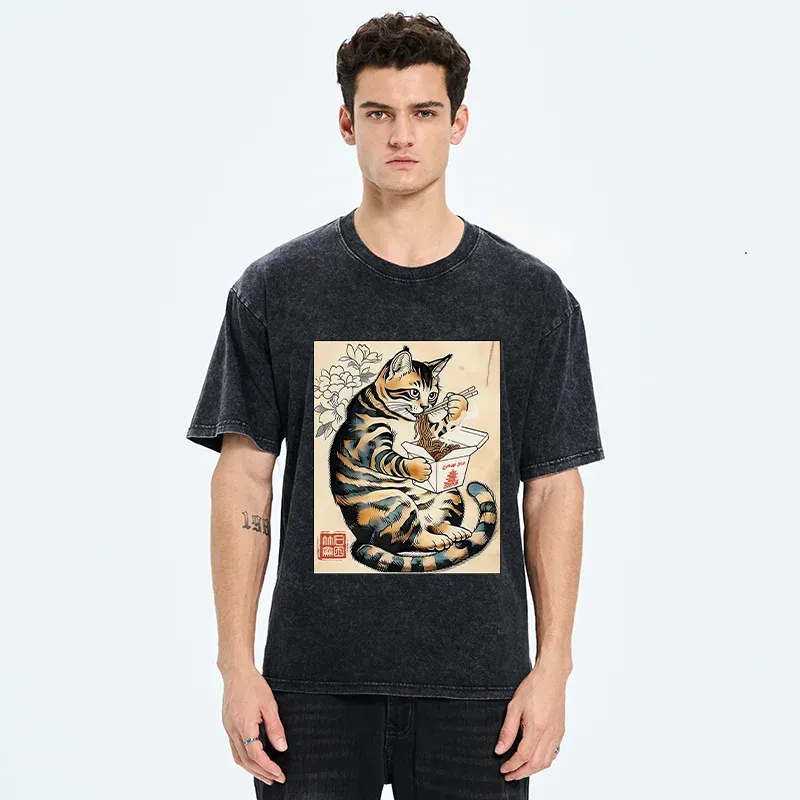 Tokyo-Tiger Cat Eating Takeout Washed T-Shirt