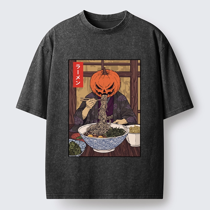 Tokyo‑Tiger Pumpkin Ramen Meme Washed T‑Shirt
