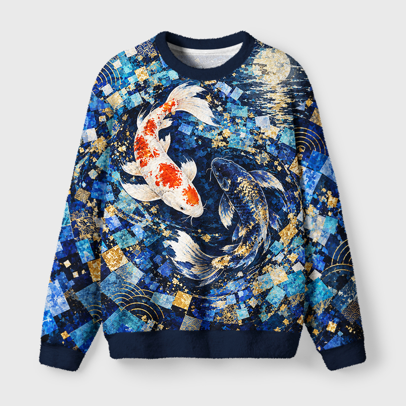 Tokyo-Tiger Blue Gold Koi Fish Fuzzy Christmas Ugly Sweatshirt Sale