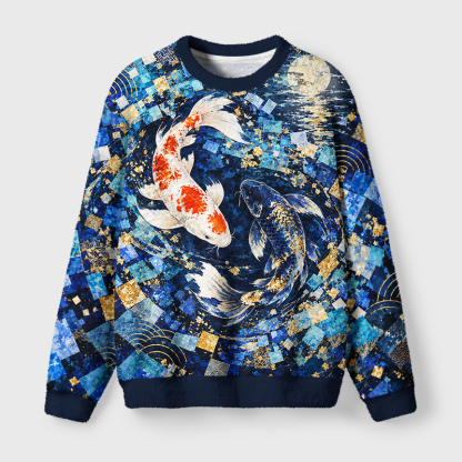Tokyo-Tiger Blue Gold Koi Fish Fuzzy Christmas Ugly Sweatshirt