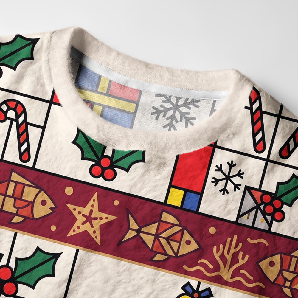 Tokyo-Tiger Mondrian Style Santa Frog Fuzzy Christmas Ugly Sweatshirt
