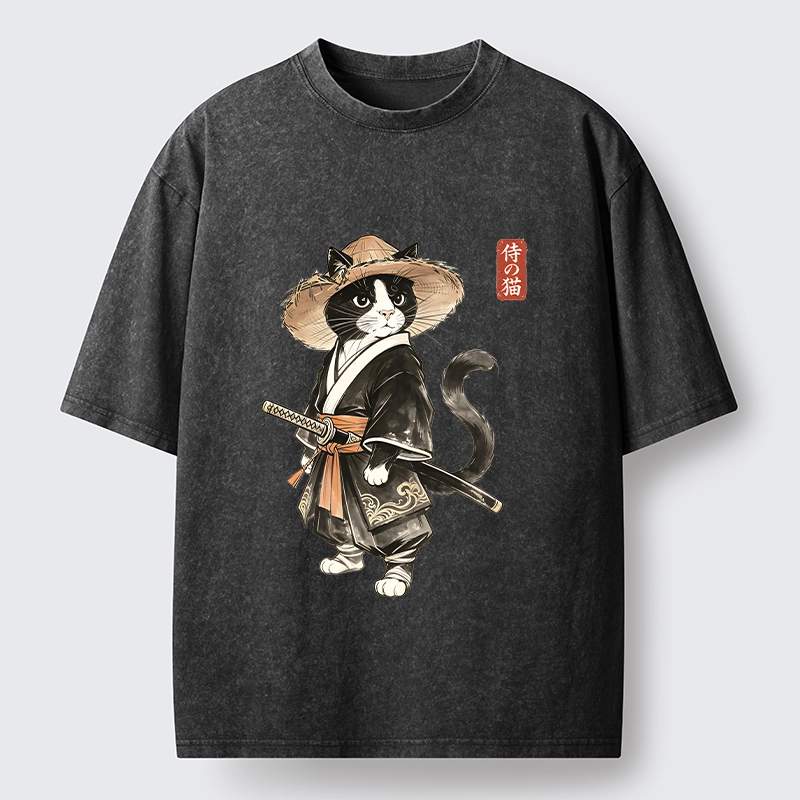 Tokyo‑Tiger Funny Samurai Cute Cat Washed T‑Shirt