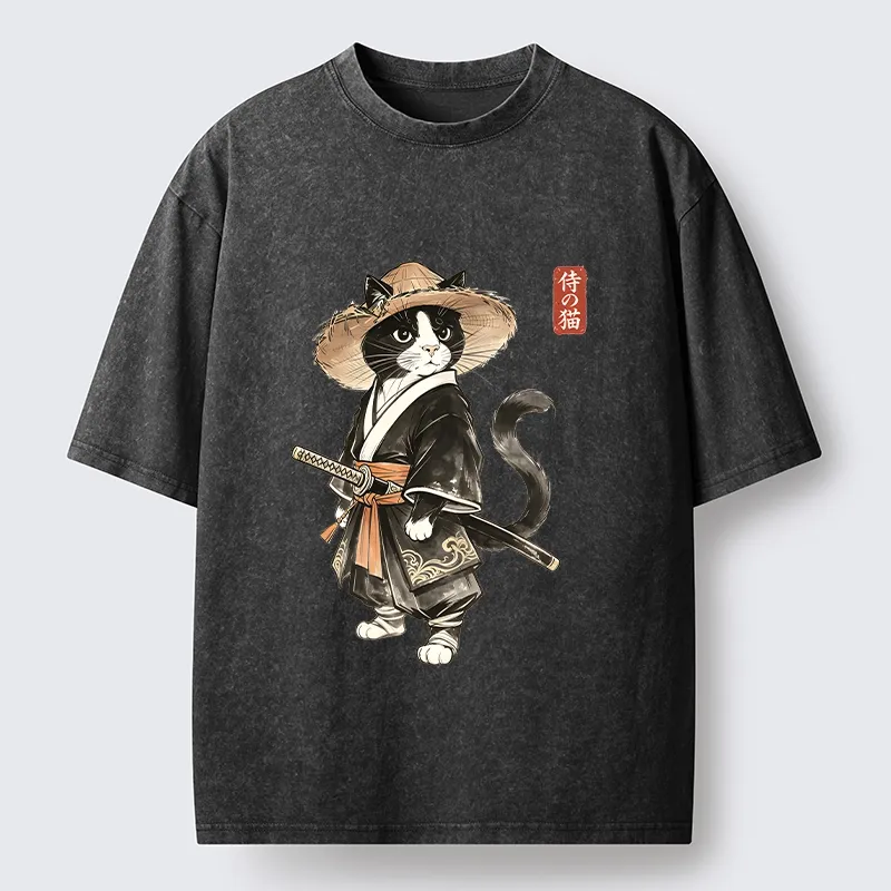 Tokyo‑Tiger Funny Samurai Cute Cat Washed T‑Shirt