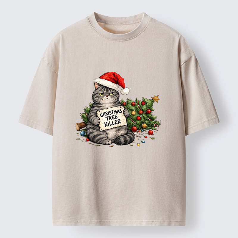 Tokyo-Tiger Playful Cat Messing With Christmas Tree Washed T-Shirt