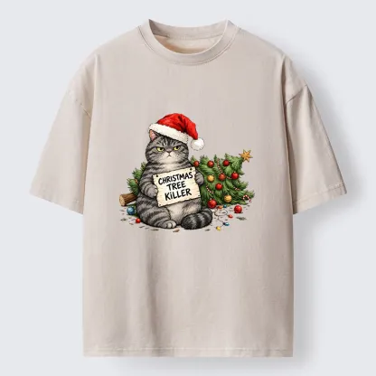Tokyo-Tiger Playful Cat Messing With Christmas Tree Washed T-Shirt