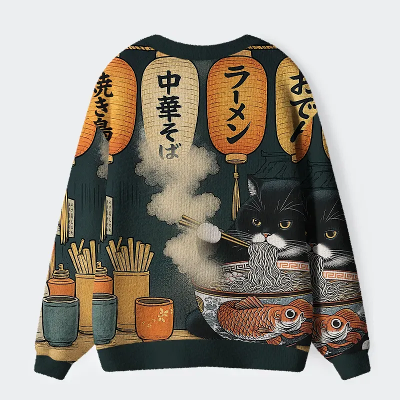 Tokyo-Tiger Fat Cat Eating Ramen Ugly Cardigan Sweater
