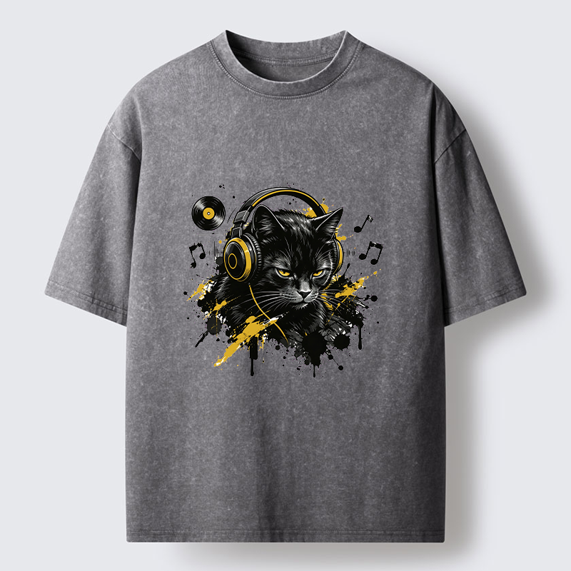 Tokyo-Tiger Black Cat Music Lover Washed T-Shirt