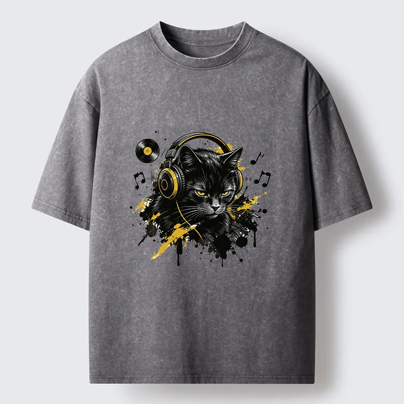 Tokyo-Tiger Black Cat Music Lover Washed T-Shirt