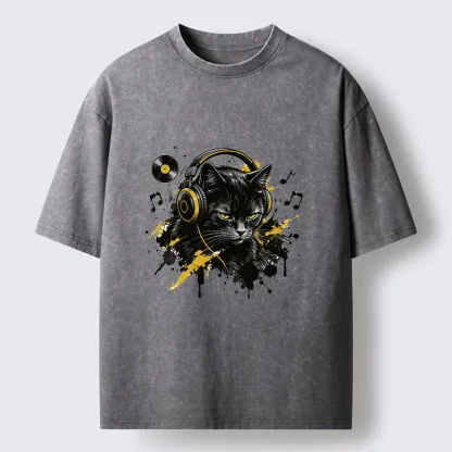 Tokyo-Tiger Black Cat Music Lover Washed T-Shirt