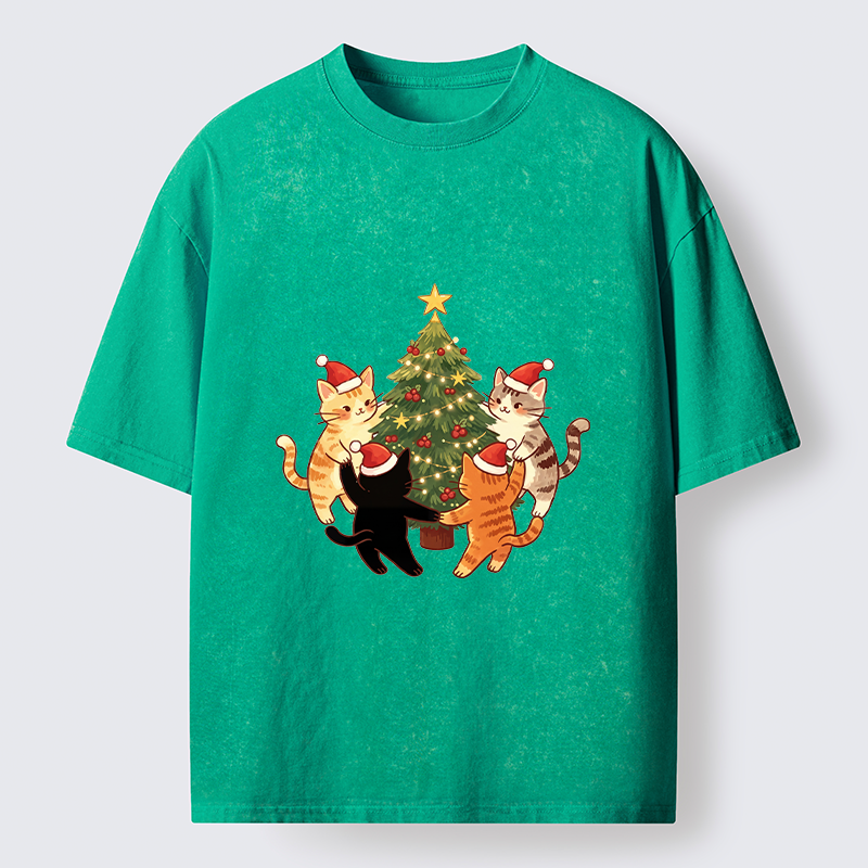 Tokyo-Tiger Cat Christmas Tree Party Washed T-Shirt