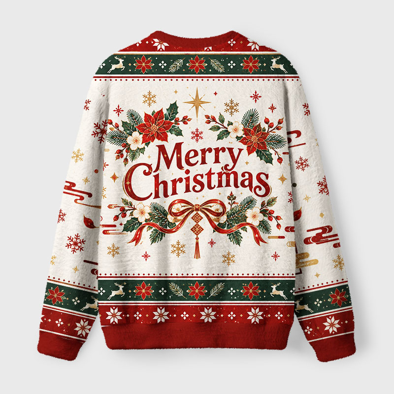 Tokyo-Tiger Festive Poinsettia Flower Fuzzy Christmas Ugly Sweatshirt