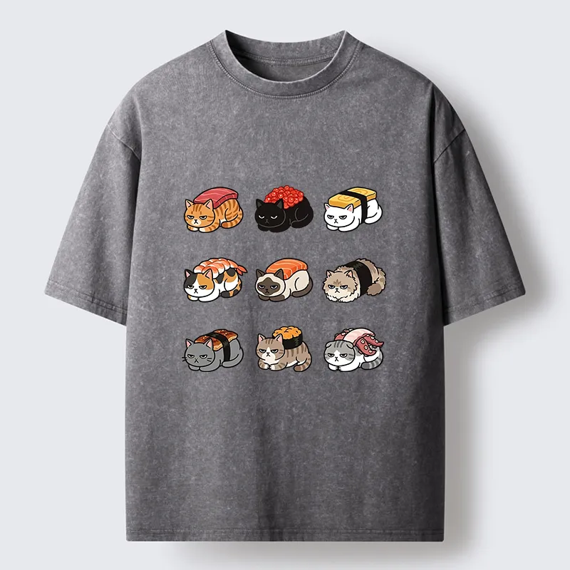 Tokyo‑Tiger Funny Sushi Cats Meme Washed T‑Shirt Sale