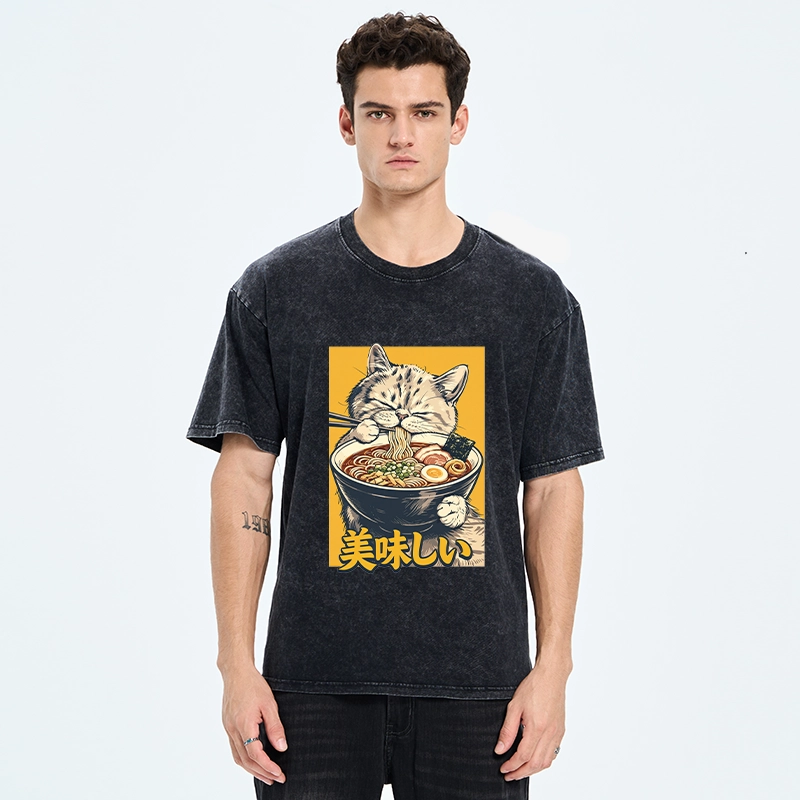 Tokyo‑Tiger Cat Eat Ramen Washed T‑Shirt