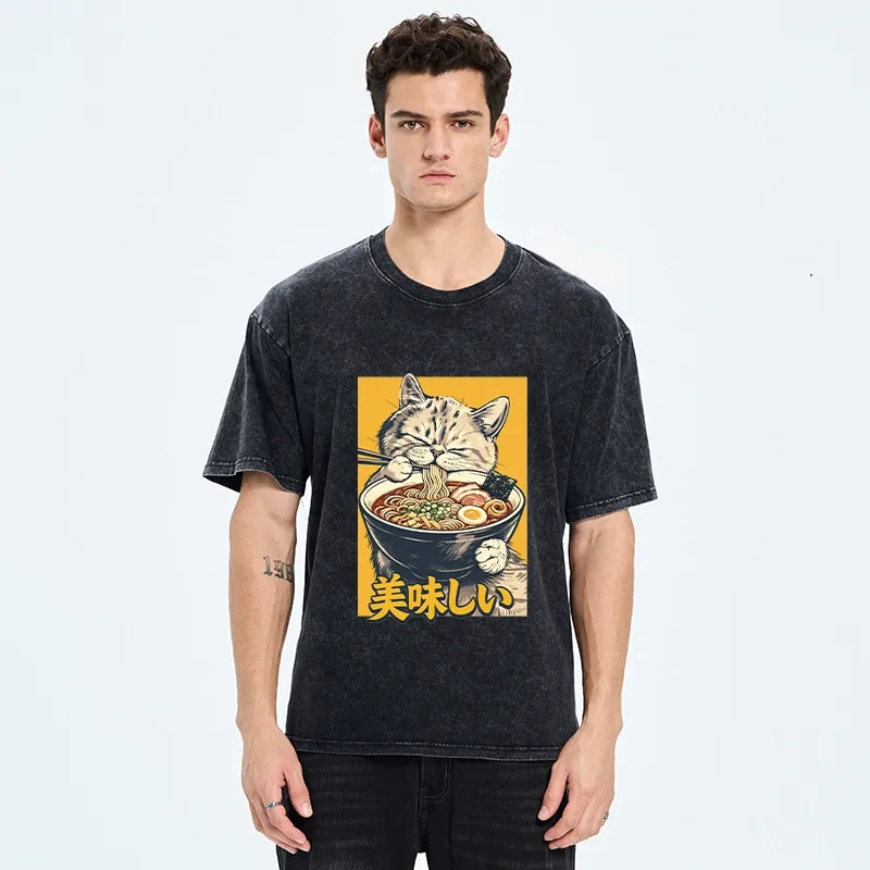 Tokyo‑Tiger Cat Eat Ramen Washed T‑Shirt