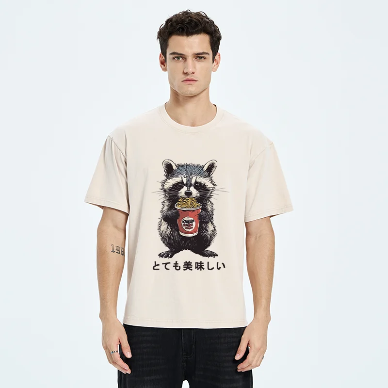 Tokyo-Tiger Cute Raccoon Eating Ramen Washed T-Shirt