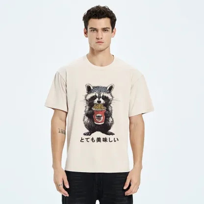 Tokyo-Tiger Cute Raccoon Eating Ramen Washed T-Shirt