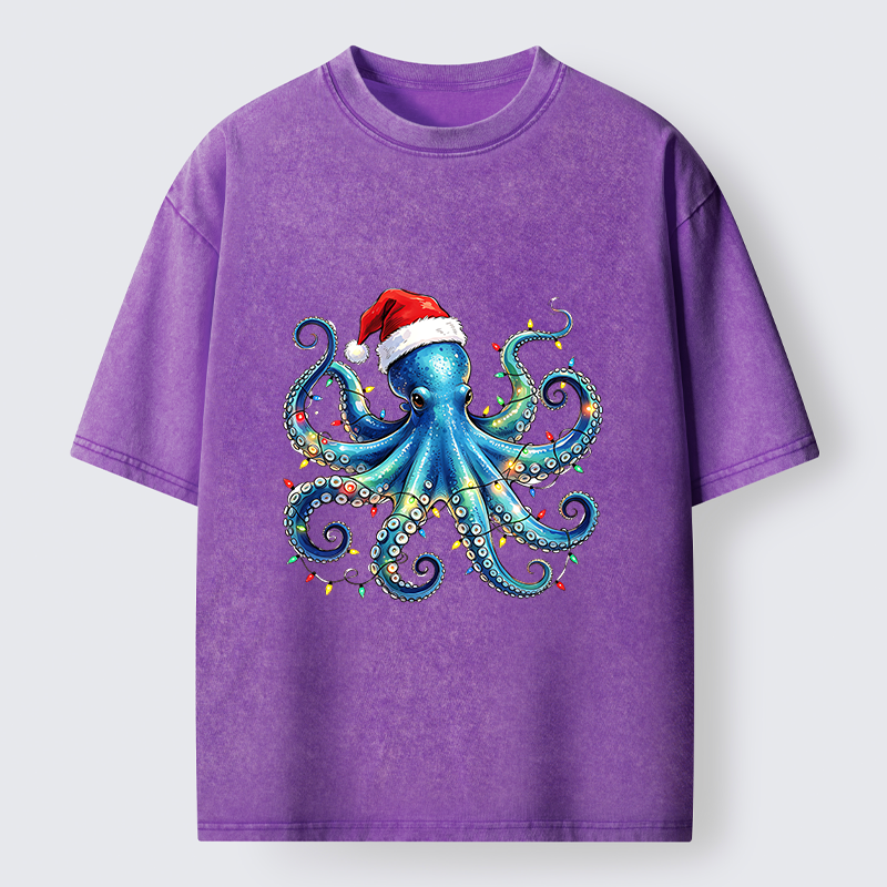 Tokyo‑Tiger Christmas Octopus Lights Washed T‑Shirt