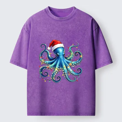 Tokyo‑Tiger Christmas Octopus Lights Washed T‑Shirt