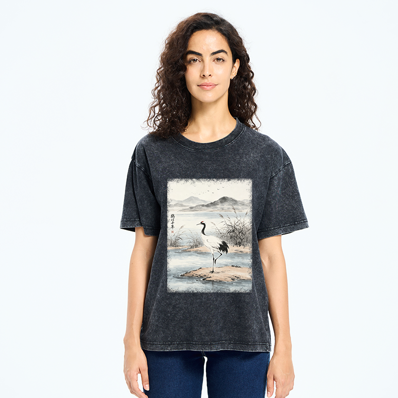 Tokyo-Tiger Serene Oriental Crane Art Washed T-Shirt