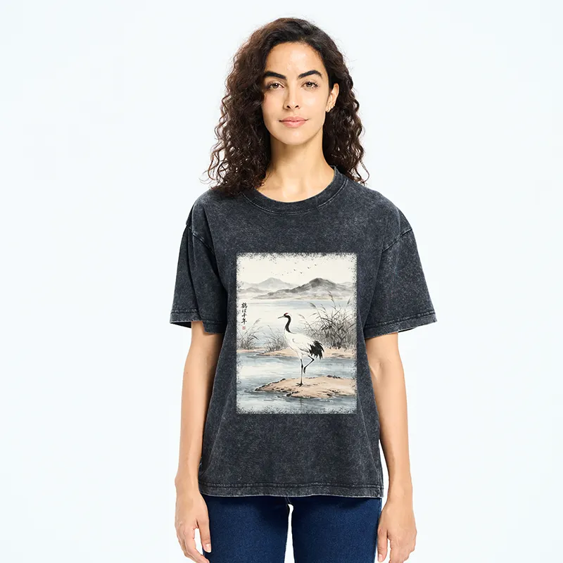 Tokyo-Tiger Serene Oriental Crane Art Washed T-Shirt