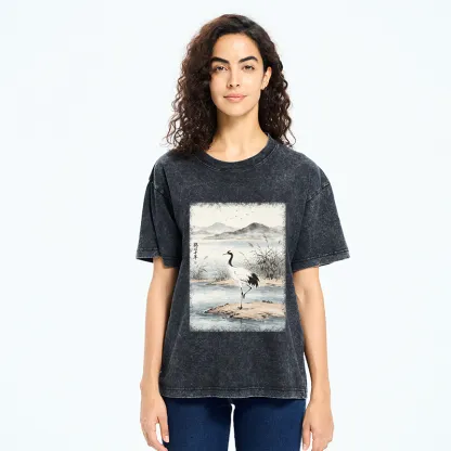 Tokyo-Tiger Serene Oriental Crane Art Washed T-Shirt