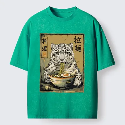 Tokyo-Tiger Ramen Snow Leopard Meme Washed T-Shirt