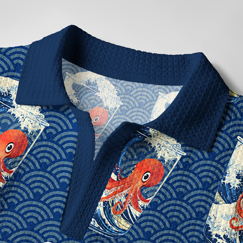 Tokyo-Tiger Great Wave Off Octopus Crochet Polo Shirt