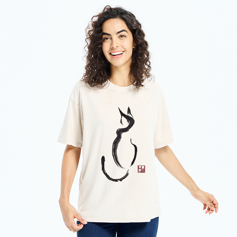 Tokyo-Tiger Minimalist Cat Ink Washed T-Shirt