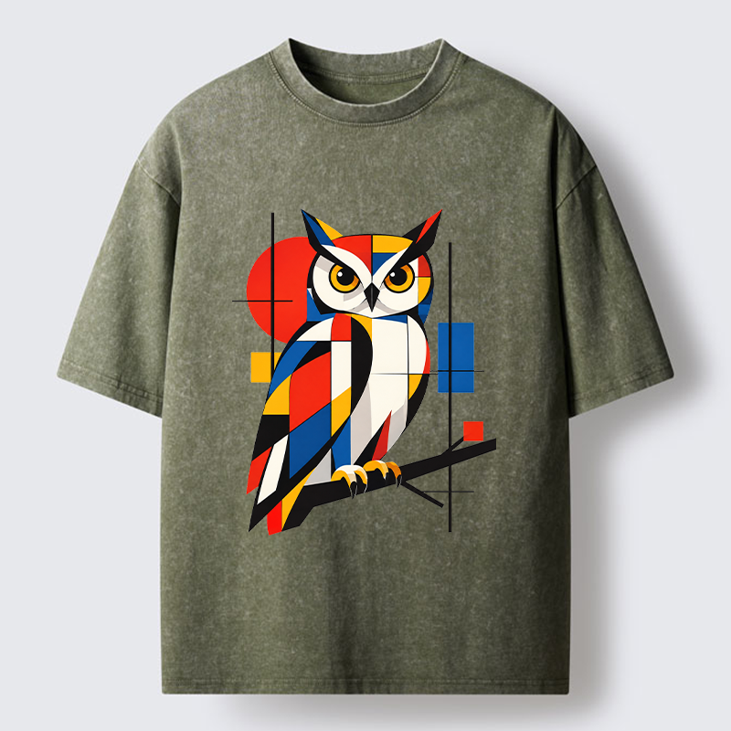 Tokyo-Tiger Geometric Owl Art Meme Washed T-Shirt