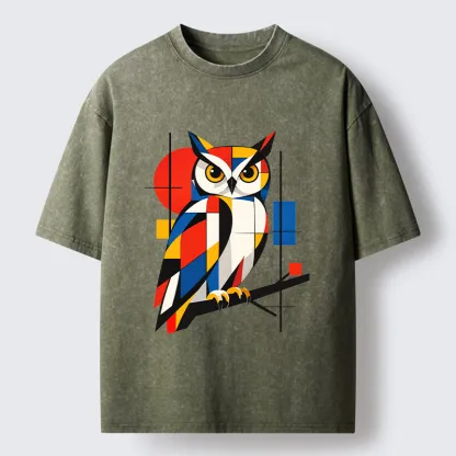 Tokyo-Tiger Geometric Owl Art Meme Washed T-Shirt