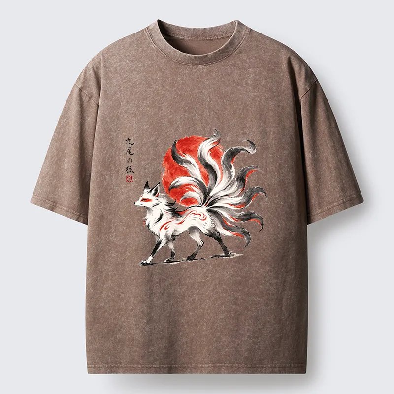 Tokyo‑Tiger Nine-Tailed Fox Ink Art Washed T‑Shirt Sale