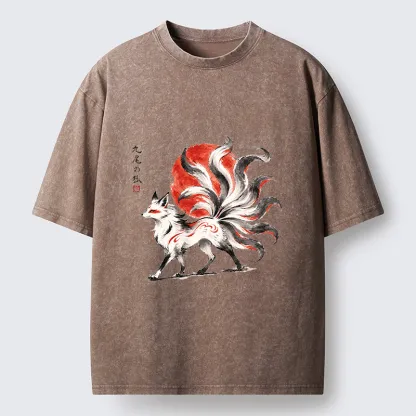 Tokyo-Tiger Nine-Tailed Fox Ink Art Washed T-Shirt
