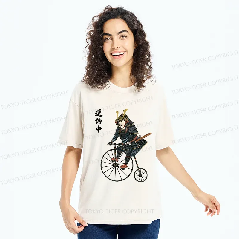 Tokyo-Tiger Samurai Riding Penny-farthing Washed T-Shirt