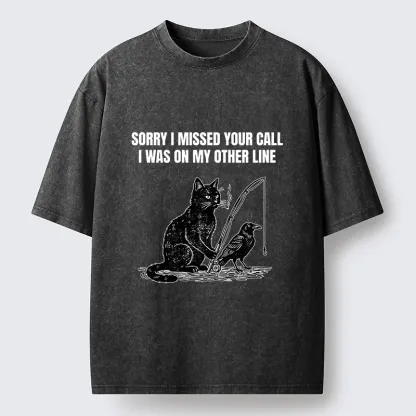 Tokyo-Tiger Funny Cat Fishing With Crow Meme Washed T-Shirt