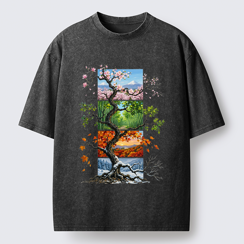 Tokyo-Tiger Nature Four Seasons Tree Art Washed T-Shirt
