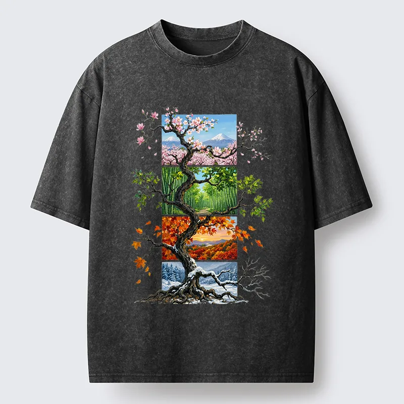 Tokyo-Tiger Nature Four Seasons Tree Art Washed T-Shirt