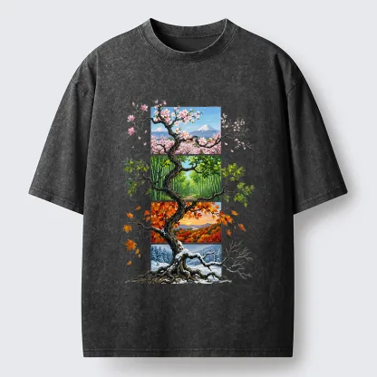 Tokyo-Tiger Nature Four Seasons Tree Art Washed T-Shirt