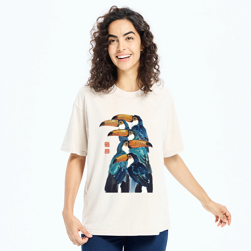 Tokyo-Tiger Blue Toucans Watercolor Washed T-Shirt