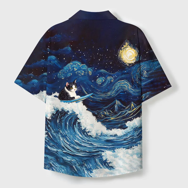 Tokyo-Tiger The Great Wave Off Cat Cuban Collar Shirt