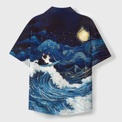 Tokyo-Tiger The Great Wave Off Cat Cuban Collar Shirt