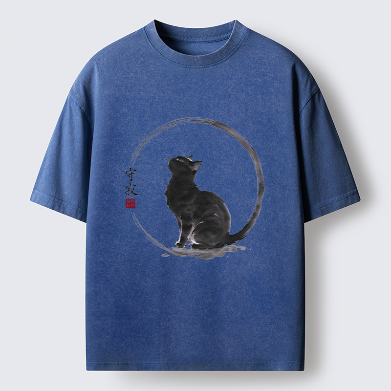Tokyo-Tiger Traditional Zen Ink Cat Washed T-Shirt