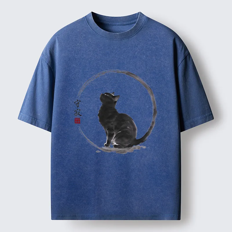 Tokyo-Tiger Traditional Zen Ink Cat Washed T-Shirt