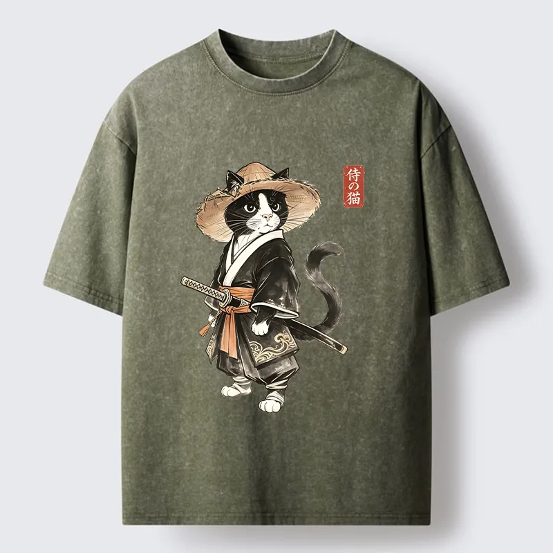 Tokyo‑Tiger Funny Samurai Cute Cat Washed T‑Shirt