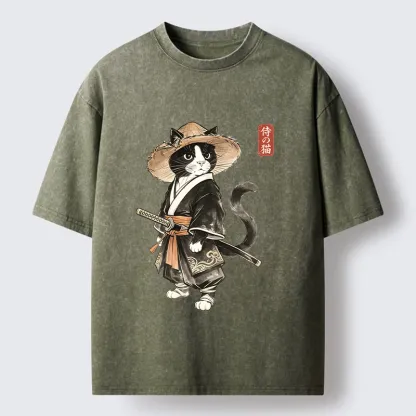 Tokyo‑Tiger Funny Samurai Cute Cat Washed T‑Shirt