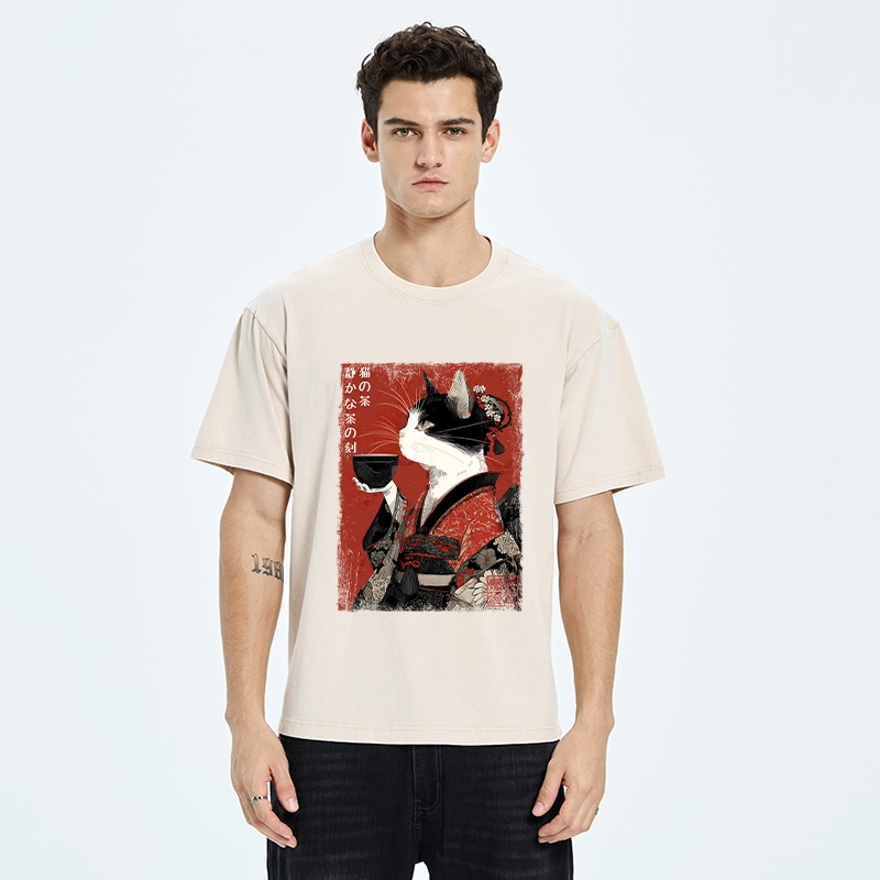 Tokyo-Tiger Kimono Tea Cat Red Vintage Ink Art Washed T-Shirt