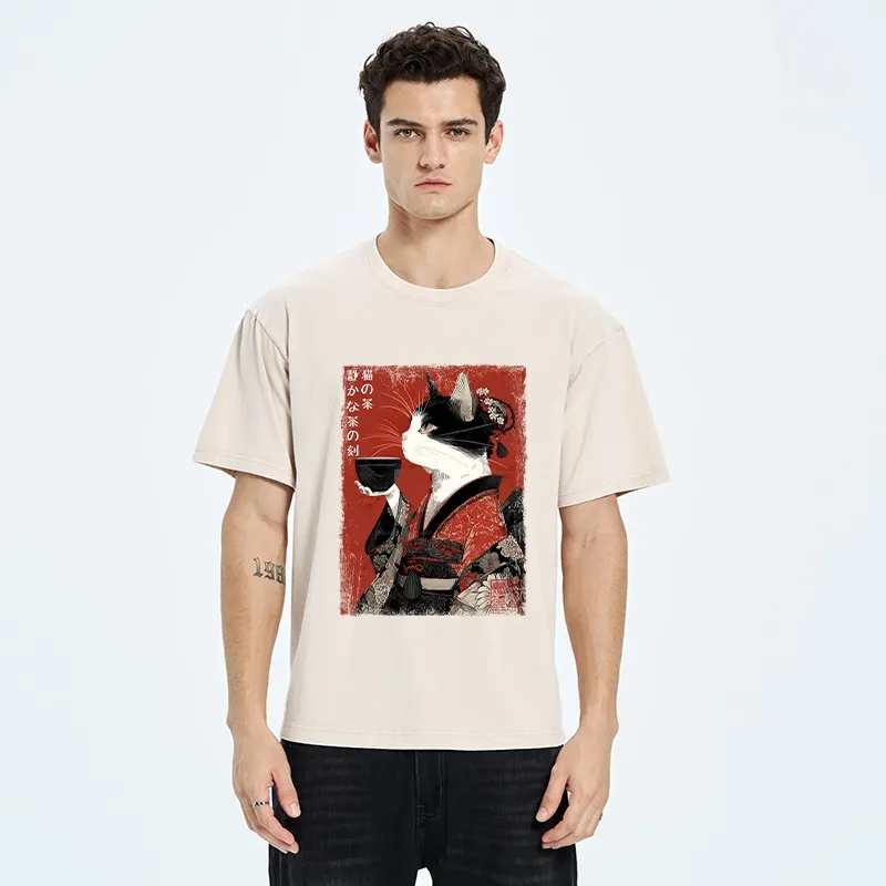 Tokyo-Tiger Kimono Tea Cat Red Vintage Ink Art Washed T-Shirt