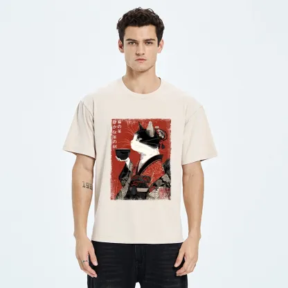 Tokyo-Tiger Kimono Tea Cat Red Vintage Ink Art Washed T-Shirt