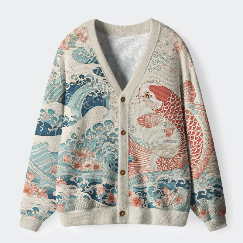 Tokyo-Tiger Koi With Sakura Waves Ugly Cardigan Sweater