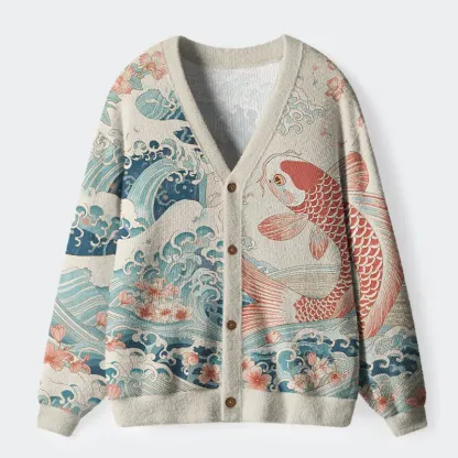 Tokyo-Tiger Koi With Sakura Waves Ugly Cardigan Sweater
