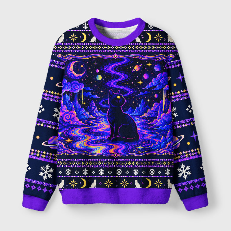 Tokyo-Tiger Galaxy Space Cat Fuzzy Christmas Ugly Sweatshirt